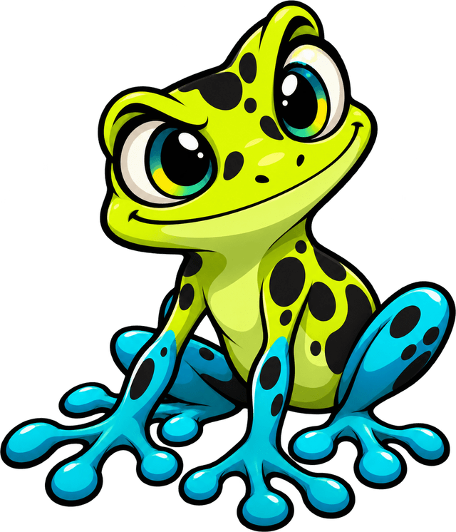 The studio mascot: a cartoon poison arrow frog, lime green with turquoise legs and black spots, one eyebrow raised and grinning, perched on a leaf.